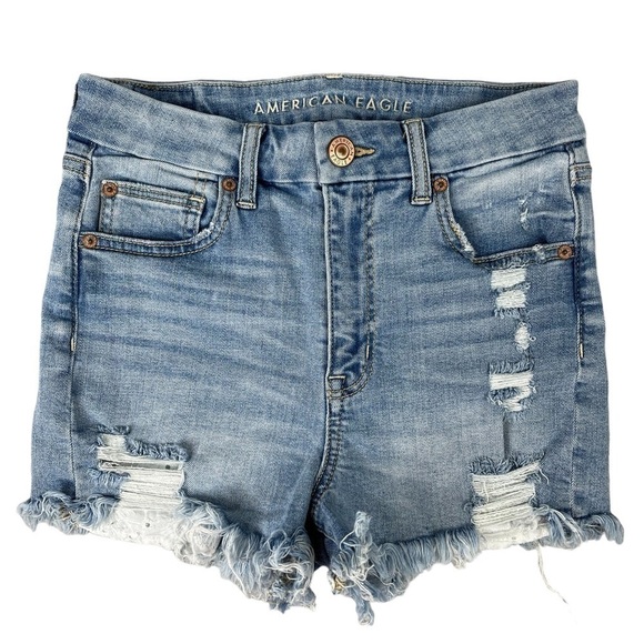 American Eagle Curvy Hi Rise Shortie 4 Distressed Cutoff Shorts Stretch Blue - Picture 1 of 11